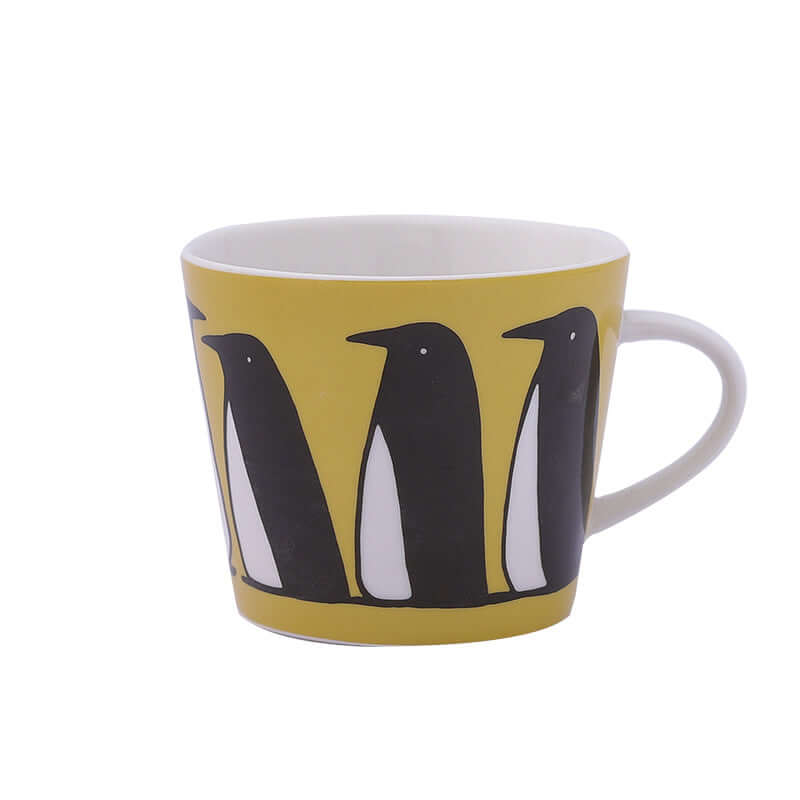 Yellow ceramic mug with penguin design, Nordic style coffee cup, 301-400mL capacity.