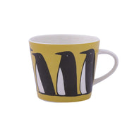 Yellow ceramic mug with penguin design, Nordic style coffee cup, 301-400mL capacity.