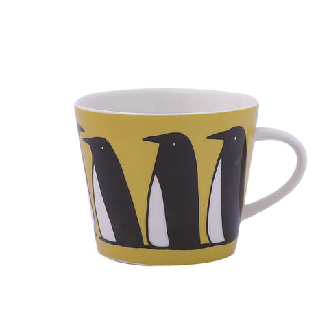 Yellow ceramic mug with penguin design, Nordic style coffee cup, 301-400mL capacity.