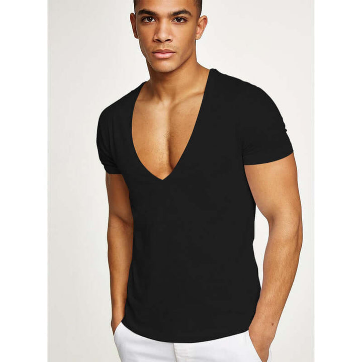 Black Men’s Deep V Neck T-Shirt on model