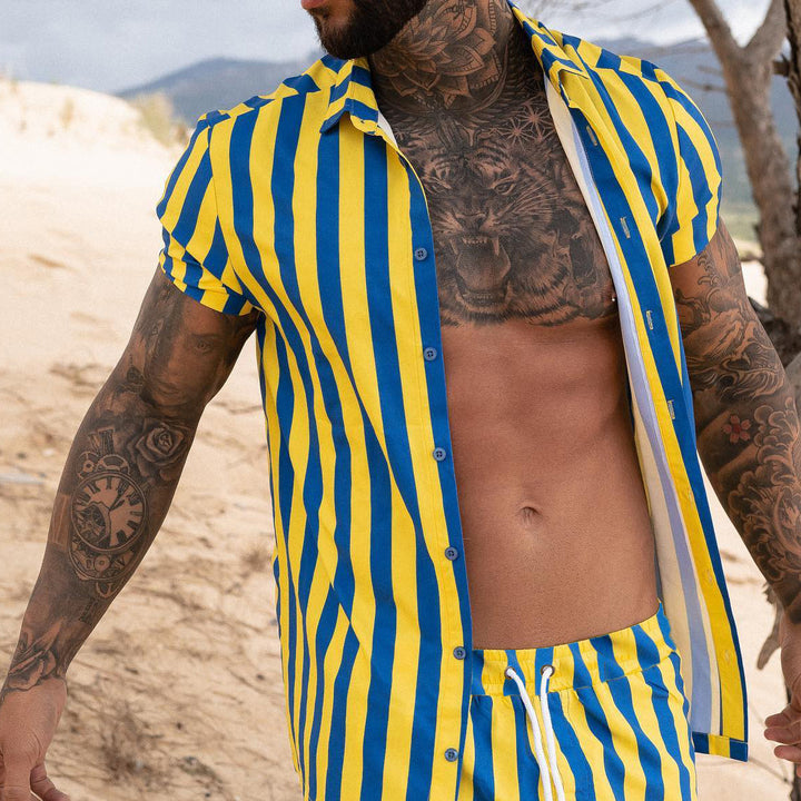 Men Printed Shirts in blue and yellow stripes, short sleeves, casual summer wear for stylish looks.
