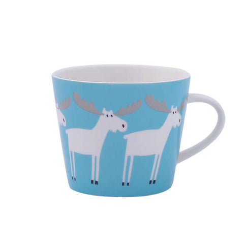 Blue ceramic coffee mug with cute moose design, modern Nordic style, perfect for coffee lovers, ceramic material, 301-400mL capacity.
