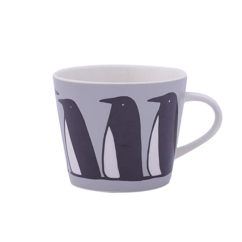 Gray ceramic coffee mug with black penguin design, Nordic style, 301-400mL capacity, cute home gift.