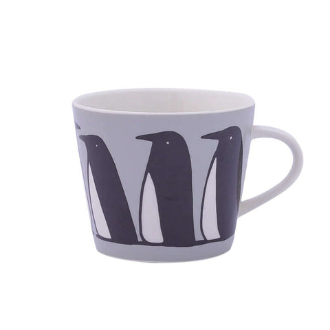 Gray ceramic coffee mug with black penguin design, Nordic style, 301-400mL capacity, cute home gift.