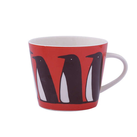 Red ceramic mug with black and white penguin design, Nordic style coffee cup.