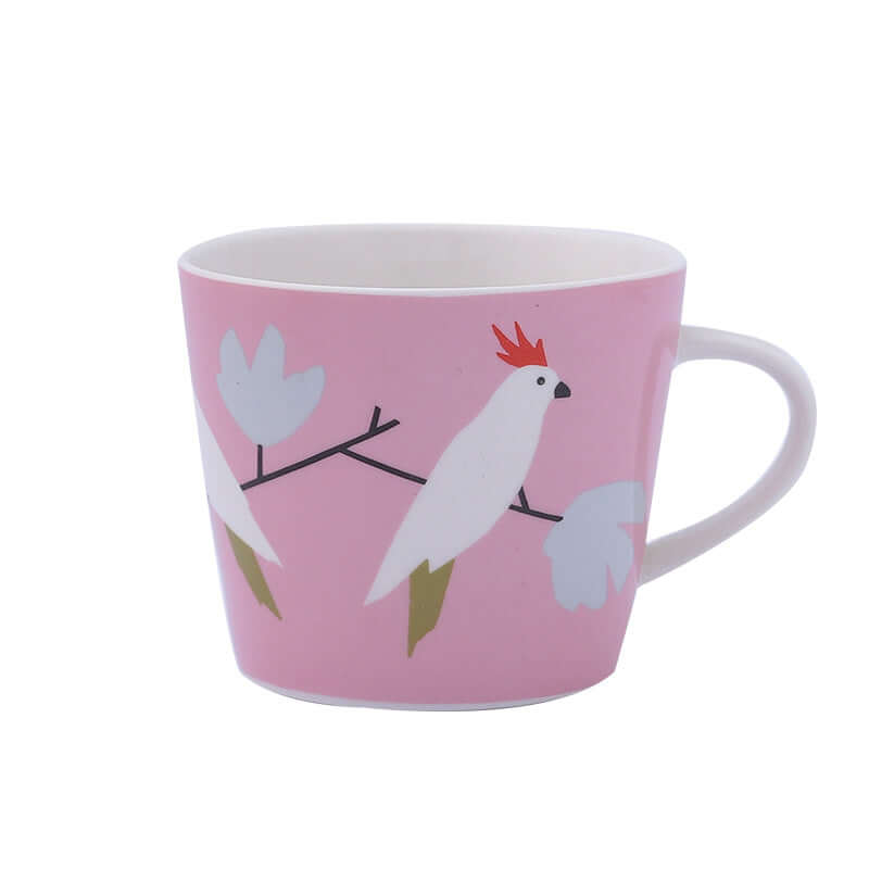 Pink ceramic coffee mug with white bird design, Nordic style, 301mL-400mL capacity, perfect for couple gifts, home decor.