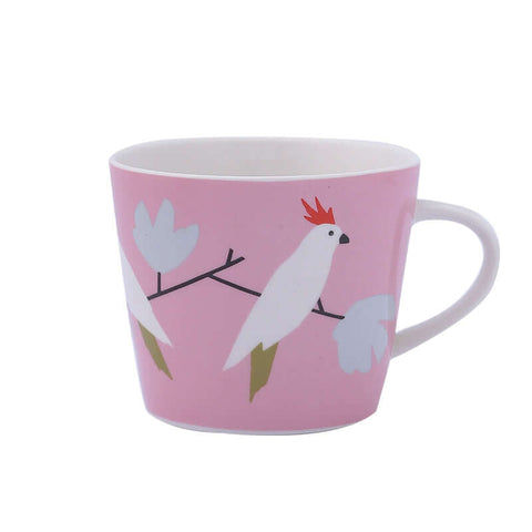 Pink ceramic coffee mug with white bird design, Nordic style, 301mL-400mL capacity, perfect for couple gifts, home decor.