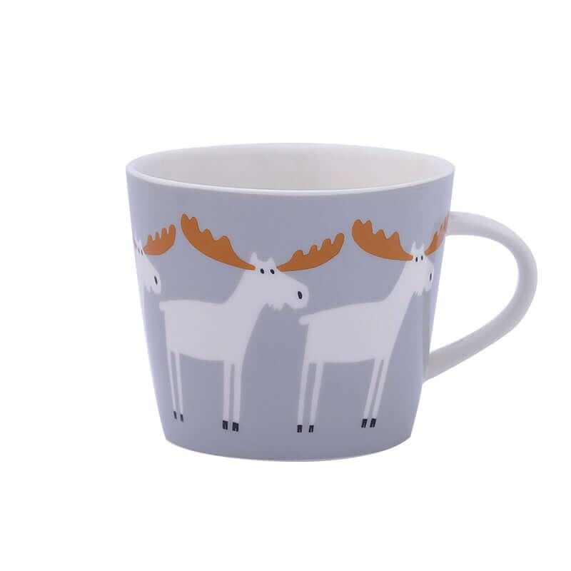 Gray Nordic-style ceramic mug with moose design, 301-400mL capacity, from Super Cute Mugs collection.