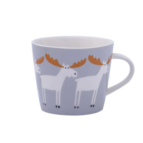 Gray Nordic-style ceramic mug with moose design, 301-400mL capacity, from Super Cute Mugs collection.