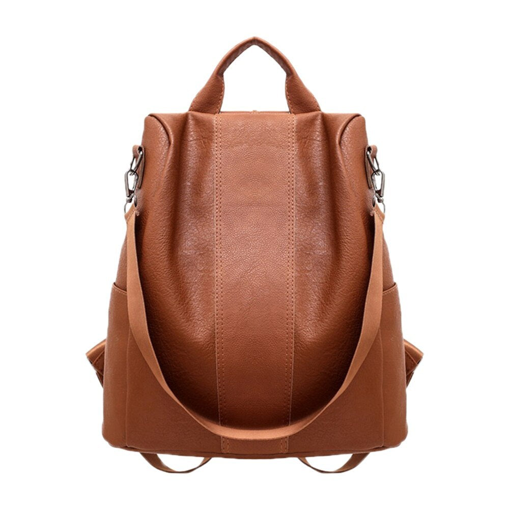 PU Leather Backpack displaying a sleek brown design with adjustable straps and spacious pockets for women.