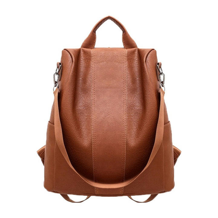 PU Leather Backpack displaying a sleek brown design with adjustable straps and spacious pockets for women.