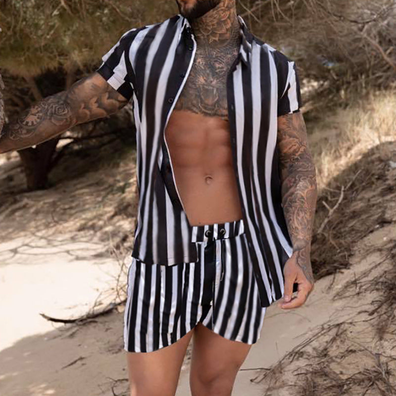 Men Printed Shirts in black and white stripes, slim fit, casual summer wear, perfect for beach outings.