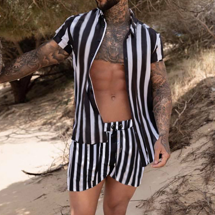 Men Printed Shirts in black and white stripes, slim fit, casual summer wear, perfect for beach outings.