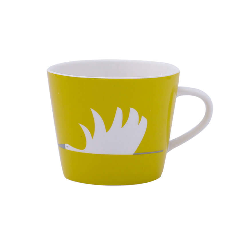 Yellow ceramic coffee mug with a white bird design, Nordic style, 301-400mL capacity.
