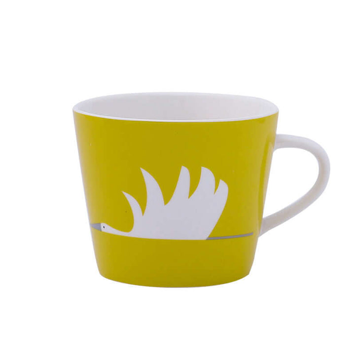 Yellow ceramic coffee mug with a white bird design, Nordic style, 301-400mL capacity.