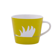 Yellow ceramic coffee mug with a white bird design, Nordic style, 301-400mL capacity.
