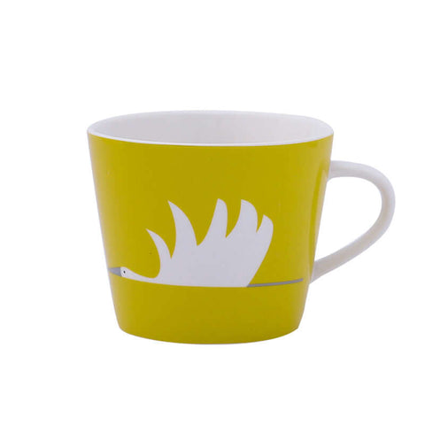 Yellow ceramic coffee mug with a white bird design, Nordic style, 301-400mL capacity.