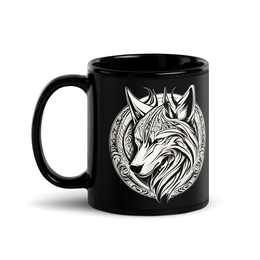 White Wolf Black Glossy Mug bold wolf art drinking mug