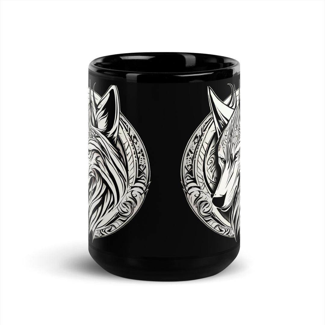 White Wolf Black Glossy Mug – Bold Ceramic Coffee Cup.