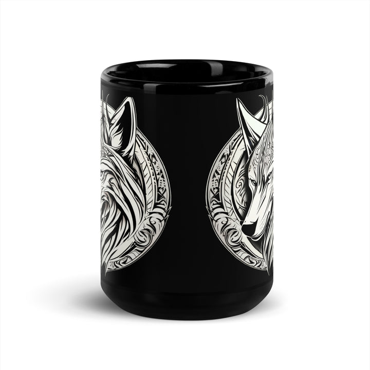 White Wolf Black Glossy Mug – Bold Ceramic Coffee Cup.