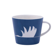 Ceramic coffee mug with white swan design on blue background, Nordic style.